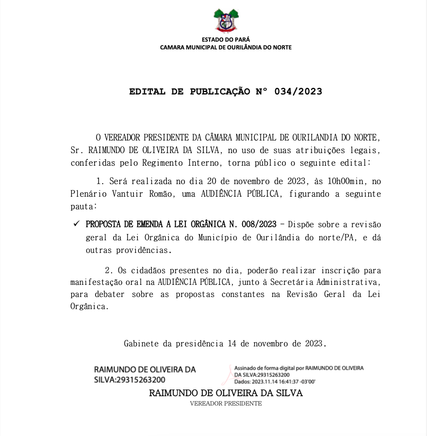 Presidente da Câmara convida população para Audiência Pública